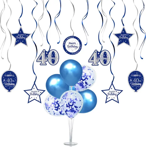 Vista 22 de Juego de decoraciones para fiesta de cumpleaños número 12, serpentinas azules con soporte de globo de mesa azul, decoraciones de fiesta