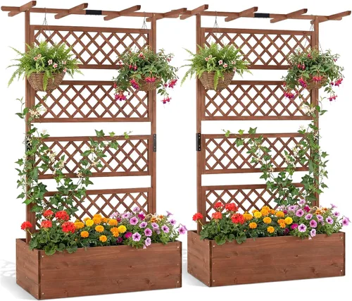 Vista 23 de Giantex Cama de jardín elevada con enrejado, maceta de madera de 72 pulgadas para exteriores con techo de pantalla de privacidad, maceta de jardín