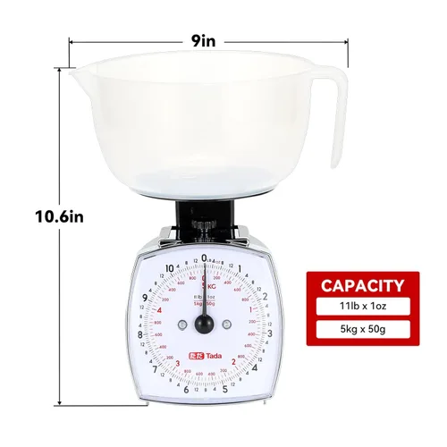 Vista 5 de Tada Báscula analógica de alimentos de 11 libras, esfera mecánica, taza de medición extraíble, función de tara, apta para cocina