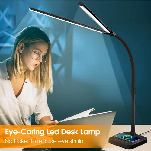 Vista 6 de ShineTech Lámpara de escritorio LED para oficina en casa, luz de escritorio de doble cabezal de 24 W con carga inalámbrica, puerto USB, 25 modos