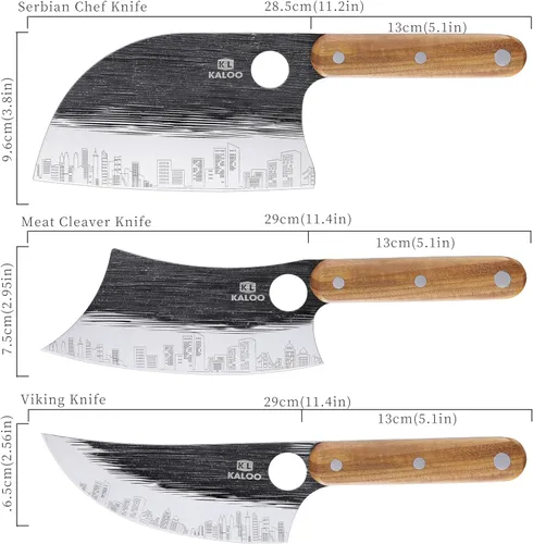 Vista 3 de Kaloo - Juego de 3 cuchillos de carnicero, cuchillo de carnicero de 7 pulgadas, cuchillo de chef serbio de 7 pulgadas y cuchillo vikingo de 6.5