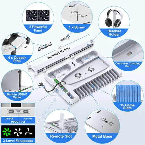 Vista 7 de Soporte de refrigeración PS5 con cargador de controlador, estación de refrigeración con ventilador de refrigeración de 3 velocidades, estación
