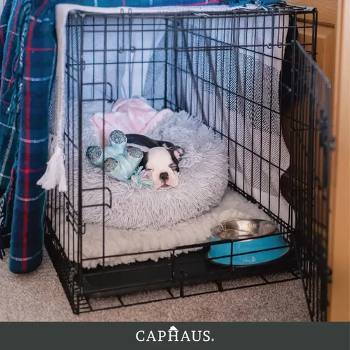 Vista 9 de CAPHAUS Perrera plegable de alambre de metal para perros con bandeja a prueba de fugas y patas protectoras y panel divisor, jaula interior pequeña