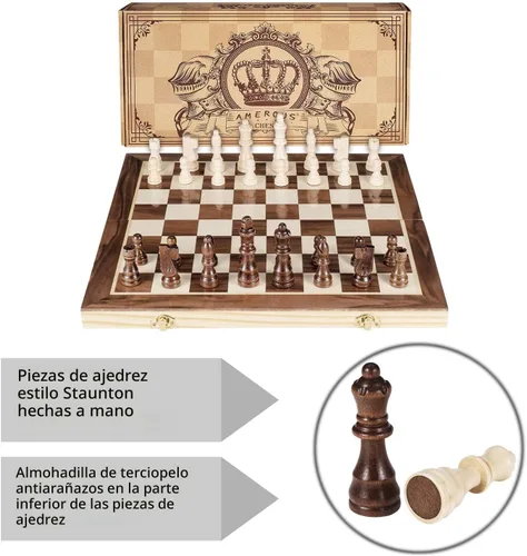 Vista 5 de AMEROUS Juego de ajedrez magnético de madera de 15 pulgadas, 2 reinas extra, tablero plegable, ranuras de almacenamiento de piezas, juego de ajedrez