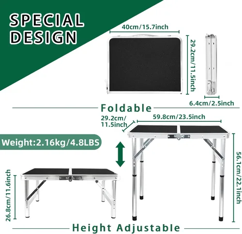 Vista 2 de Mesa plegable pequeña de 2 pies, mesa de campamento ligera de altura ajustable, mesa portátil de fácil instalación, mesas de playa plegables