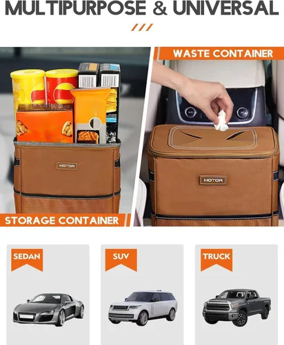 Vista 6 de Hotor Cesto de basura marrón, para automóvil, con correa ajustable, broches magnéticos, forro impermeable y bolsillo de almacenamiento