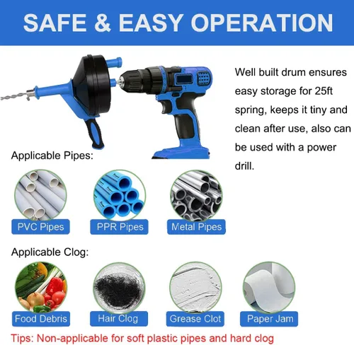Vista 8 de Sinfín de drenaje, removedor de obstrucciones con adaptador de taladro, 25 pies flexible de plomería de serpiente de uso manual o alimentado