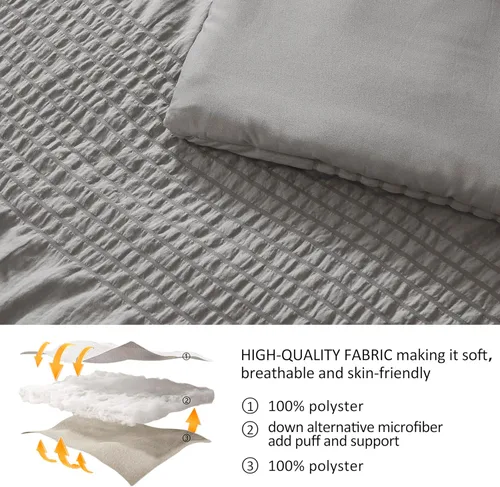 Vista 4 de B2EVER Juego de edredón de tamaño King de 3 piezas de color gris suave, juego de edredón de sirsaca con 2 fundas de almohada, juego de edredón