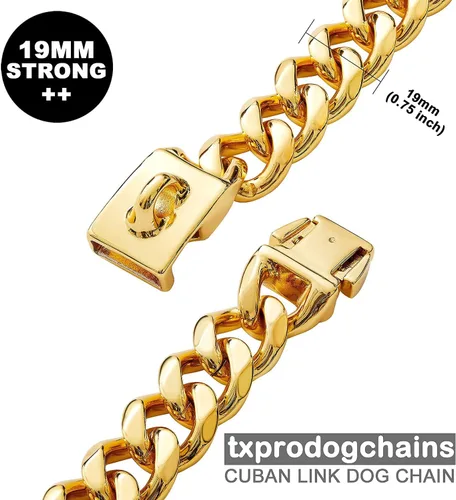 Vista 5 de txprodogchains Collar de cadena para perro grande con hebilla, resistente de 0.748 in de grosor, acero inoxidable, oro de 18 quilates, cadena