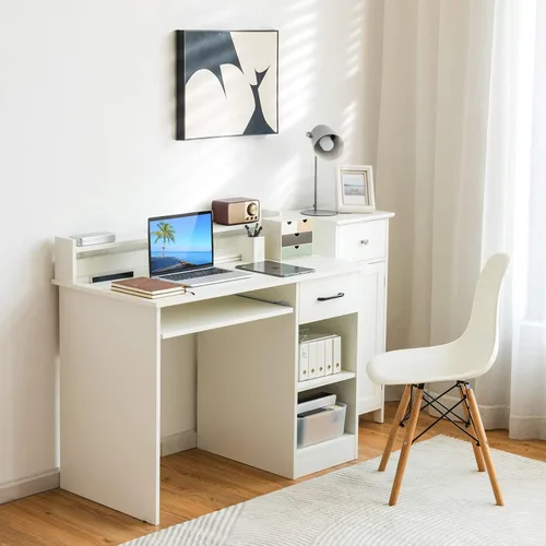 Vista 17 de Escritorio para computadora con gabinete y bandeja para teclado, estación de trabajo de oficina en casa con cajón, estantes ajustables, mesa de Negro