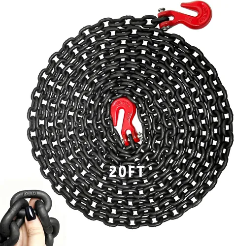Vista 17 de Cadena de remolque de 1/4 pulgadas, cadena de troncos G80 con ganchos de agarre de horquilla G70 para remolque, cadena resistente de 20 pies
