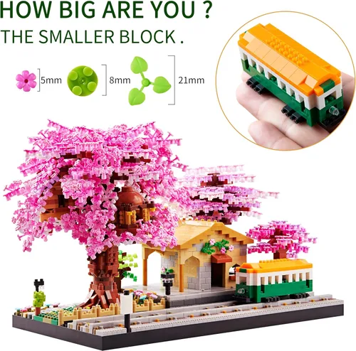 Vista 4 de Juego de construcción de árbol de cerezo japonés, mini micro bloques para adultos, flores, casa, bonsái, árbol, kit de construcción, ideas