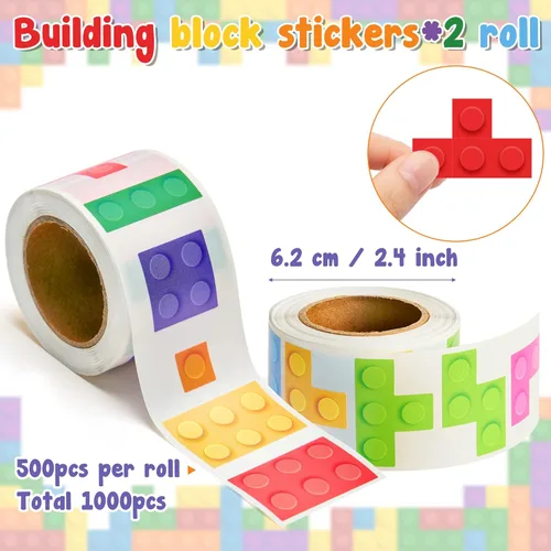 Vista 3 de 1000 calcomanías de bloque para niños, 2 rollos de papel de ladrillos surtidos autoadhesivas, calcomanías autoadhesivas para despegar y pegar