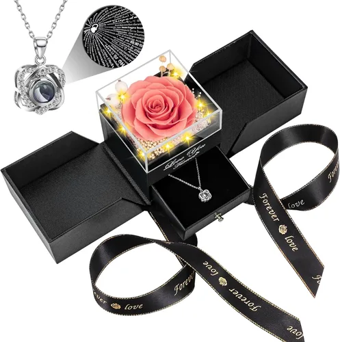 Vista 11 de Collar con diseño de rosa real preservada con corazón con texto en inglés "I Love You", flores eternas, regalos de cumpleaños para mujeres, mamá