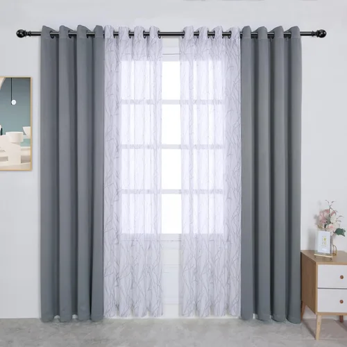 Vista 12 de BONZER Cortinas para Mezclar y Combinar - 2 Piezas de Cortinas Transparentes con Estampado de Ramas y 2 Piezas de Cortinas Opacas para Dormitorio