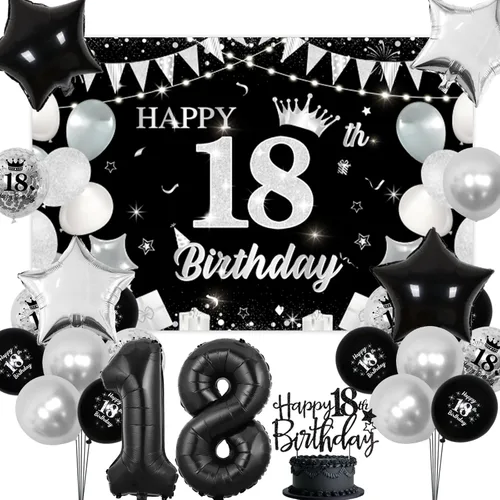 Decoraciones de cumpleaños de 18 años en negro y plateado, decoraciones de cumpleaños de 18 años, decoración de pastel de feliz cumpleaños 18,
