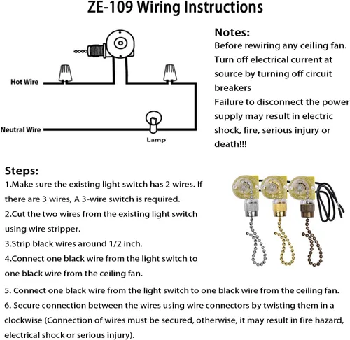 Vista 6 de Interruptor de luz para ventilador de techo Zing Ear ZE-109, control de dos cables encendido-apagado compatible con lámparas de techo Hunter y luces