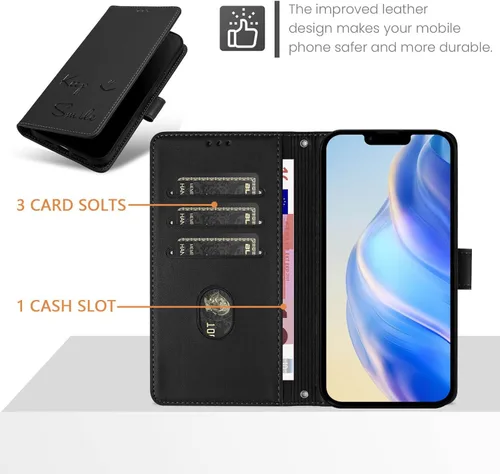 Vista 9 de Flip Wallet Case for Motorola Moto E32 4G (Int'l), Keep Smile Embossed Leather Cover with Card Slots, RFID Blocking, Kickstand, Wrist Strap Black.