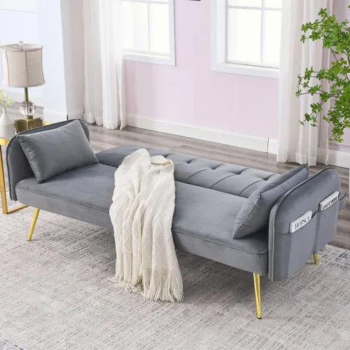 Vista 19 de HMFULE Sofá cama convertible con patas de madera maciza, tela de lino, moderno sofá futón tapizado ajustable para espacio de vida compacto, azul