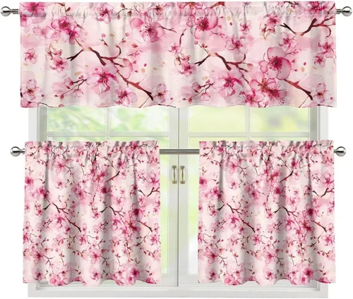 Vista 47 de Upgrad - Juego de cortinas de cocina con diseño de flor de cerezo para ventanas, 3 piezas, cortinas y cenefas para gatos, cortinas pequeñas