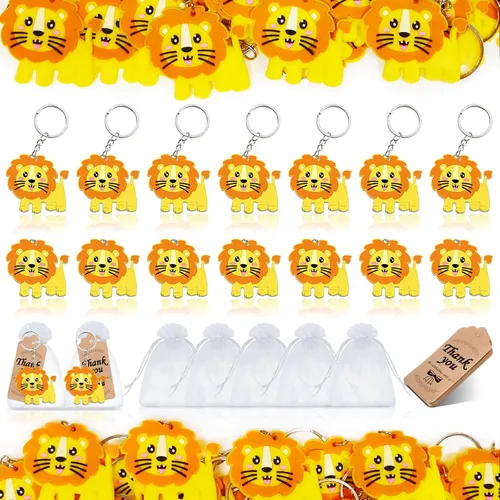 El paquete de 60 regalos de fiesta de león incluye 20 llaveros de león, 20 etiquetas de agradecimiento, 20 bolsas de regalo para fiesta de safari,