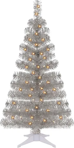 Vista 8 de Juegoal - Árbol de Navidad artificial iluminado de Halloween, 4 pies, oropel negro preiluminado, árboles de pino de Navidad con 70 luces LED