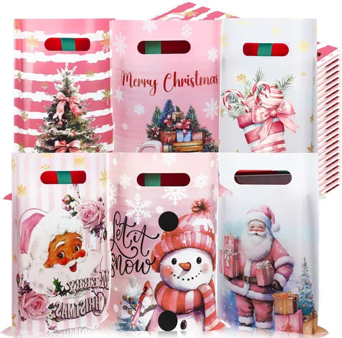 Vista 11 de Sinmoe 200 bolsas de plástico de Navidad a granel, bolsa de regalo de mercancía de Navidad con asa de 9 x 12 pulgadas, reutilizable, bolsa