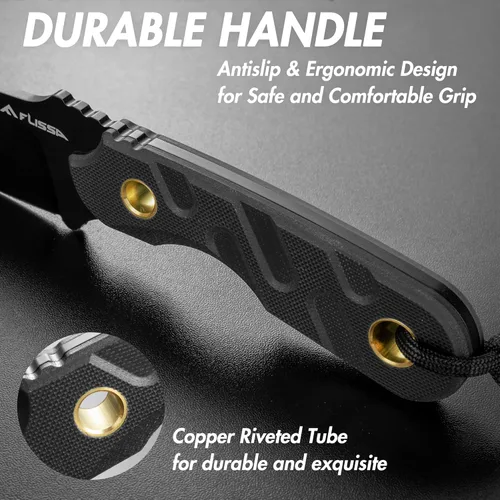 Vista 3 de FLISSA Cuchillo de hoja fija, cuchillo de caza de espiga completa de 7 pulgadas con funda Kydex y cuerda de emergencia, cuchillo táctico con mango