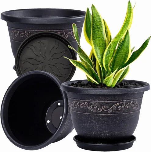 Vista 10 de QCQHDU Macetas retro de 10 pulgadas, paquete de 3 macetas de plástico para plantas de interior y exterior, maceta con orificio de drenaje y platillo