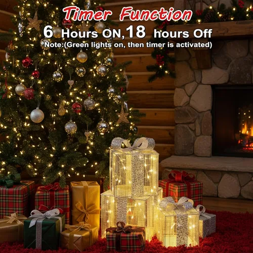 Vista 2 de Juego de 3 cajas de regalo iluminadas de Navidad, cajas de Navidad preiluminadas para exteriores con diferentes tamaños para decoración