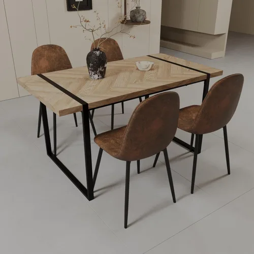 Vista 3 de 59" Light Wood Dining Table and Dining Chair Set of 4 s, Wooden Kitchen Dining Table Set, Black Rectangular Metal Base, Dining Table and Suede Chair