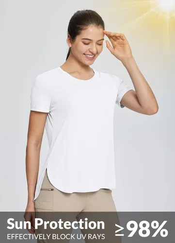 Vista 3 de BALEAF Camisetas de manga corta para mujer, cuello redondo, camisetas de entrenamiento, para correr, protección solar, secado rápido, UV