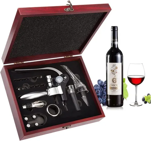 Abridor de botellas de vino, accesorios de vino Areator Kit de abridor de vino, juego de sacacorchos de vino tinto con estuche de madera, regalo de