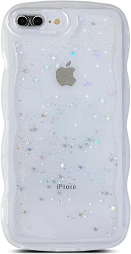 Vista 137 de Qokey para iPhone 14 Plus Funda de 6.7" con diseño de borde ondulado rizado, transparente, con purpurina, brillo, estrellas, brillante, lindo