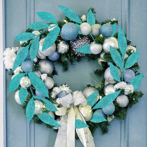 Vista 3 de Plantas decorativas artificiales, 20 piezas de hojas artificiales, flores brillantes con purpurina artificial para Navidad, invierno, corona, boda