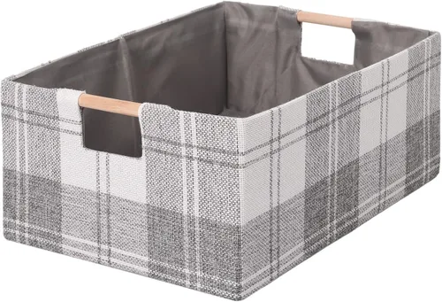 Vista 12 de Caja de Almacenamiento de Tela Plegable Cesta de Algodón y Lino con Asas de Madera, Cubo Rectangular Decorativo, Organizador de Lavandería
