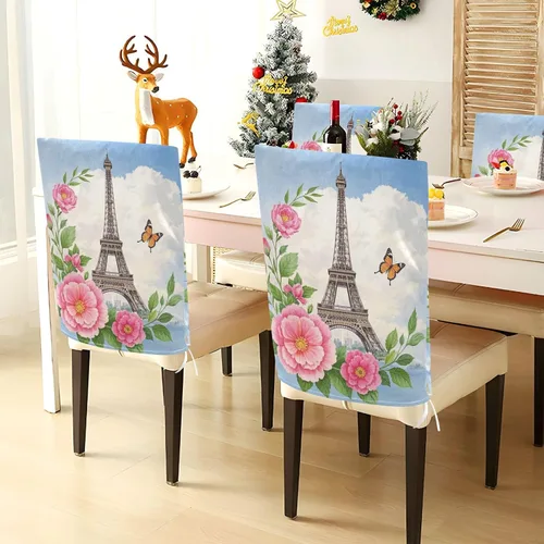 Vista 4 de Pink Flowers Romantic Eiffel Tower Decorative Chair Seat Cover for Wedding Banquets Soft Office Chair Cushion fundas para sillas de comedor 6 Set of