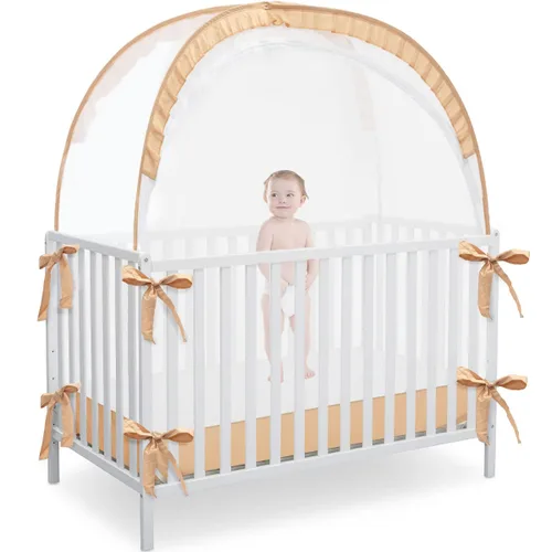 Vista 21 de L RUNNZER Tienda de campaña de seguridad para cuna, toldo desplegable para cuna para evitar que el bebé salga, mosquitera con marco resistente