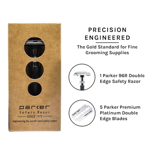 Vista 7 de Parker 96R - Maquinilla de afeitar de seguridad abierta de mariposa de mango largo y 5 cuchillas Parker Premium Platinum de doble filo