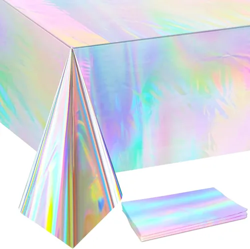 Vista 2 de Paquete de 7 manteles de plástico iridiscente desechables con láser, manteles rectangulares holográficos de papel de aluminio holográfico