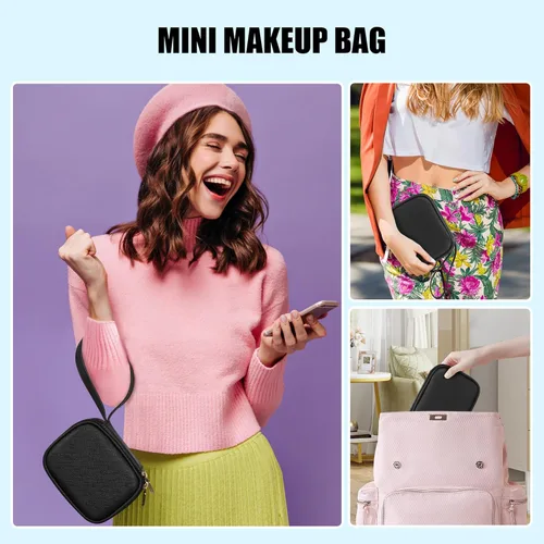 Vista 5 de Relavel Mini bolsa de maquillaje con espejo LED, pequeña bolsa de cosméticos con 3 modos de luz, bolsa de maquillaje portátil recargable con correa