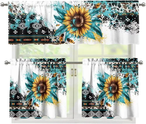 Vista 22 de Upgrad - Juego de cortinas de cocina con diseño de flor de cerezo para ventanas, 3 piezas, cortinas y cenefas para gatos, cortinas pequeñas