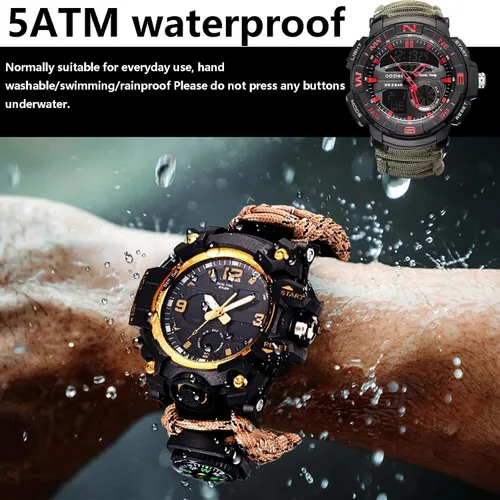 Vista 5 de Reloj táctico de supervivencia 23 en 1 para hombre, multifuncional, resistente al agua, para exteriores, pulsera ajustable con brújula de paracaídas