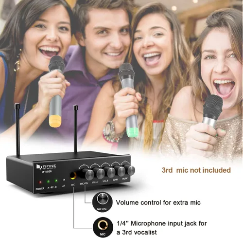 Vista 2 de FIFINE Micrófono de mano inalámbrico UHF de doble canal, fácil de usar, sistema inalámbrico para karaoke K036