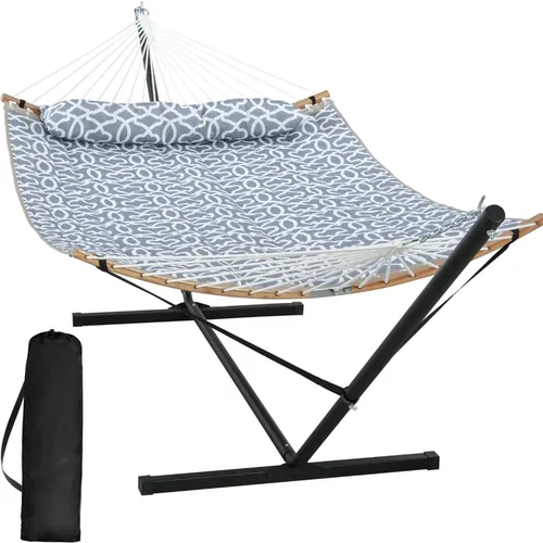 Vista 14 de SUNCREAT Hamaca portátil doble con soporte, hamaca para 2 personas con barra separadora curva, cuerdas de equilibrio incluidas, gris oscuro