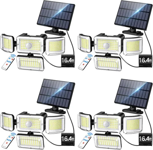 Vista 9 de CLAONER Luces solares para exteriores, sensor de movimiento, 3500 lm, 288 luces LED de seguridad con control remoto, IP67, impermeable, 4 cabezales