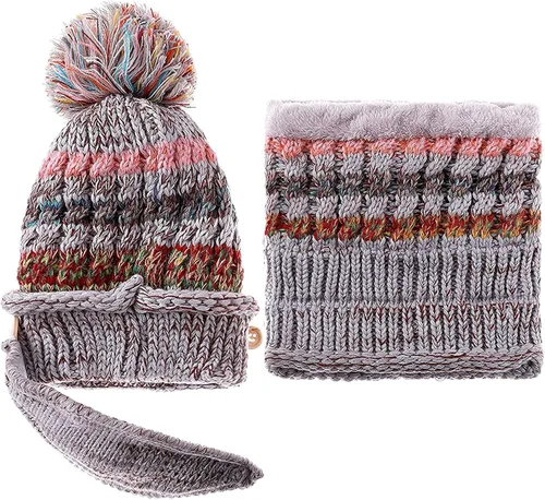 Vista 5 de Gorro de invierno para mujer con forro polar y solapas para las orejas con pompón bufanda y máscara cálido suave y holgado