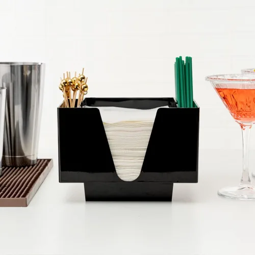 Vista 7 de Restaurantware Bar Lux - Servilletero rectangular de plástico negro de 7.9 x 5.5 pulgadas, 1 organizador de 3 compartimentos, de plástico negro