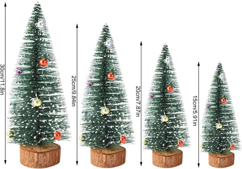 Vista 2 de 3 mini árboles de Navidad artificiales de sisal esmerilado de 5.9 pulgadas, árboles de cepillo para botellas con bases de madera y bolas de adornos