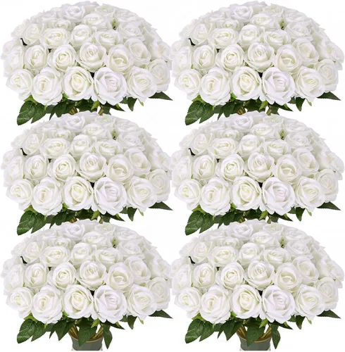 Vista 21 de 50 rosas artificiales, ramo de rosas rojas falsas, rosas rojas de seda artificial con tallos para decoración de flores de boda, día de San Valentín